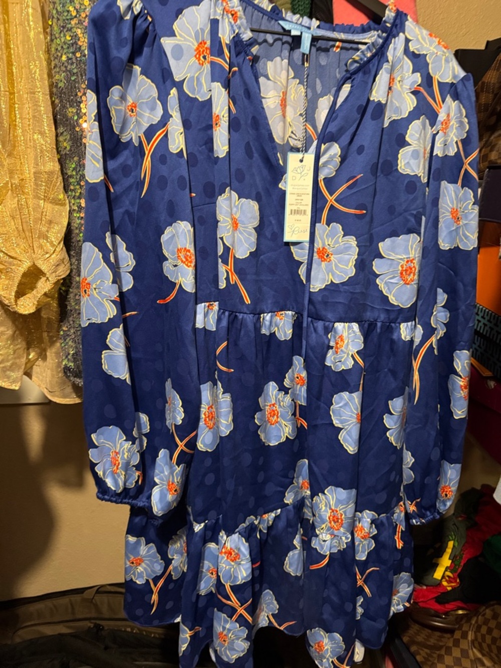 Draper James Navy Blue Floral Tiered Long Sleeve Dress